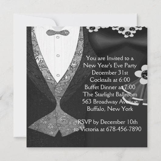 タキシード黒いドレス黒いネクタイ新年エバパーティー 招待状 (裏面)