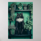 タキシード黒猫がグリーンの中で棚に座る ポスター (正面)