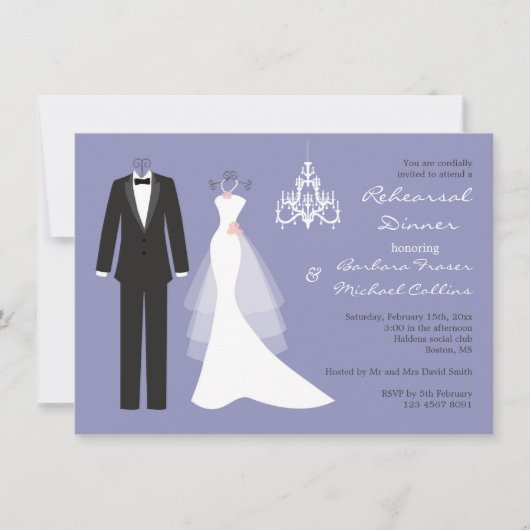 タキシード、バイオレットリハーサルディナー招待状でガウン 招待状 (正面)
