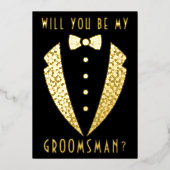 タキシード 私のグルームズマンになってくれる？ 本物の金 箔招待状 (正面)