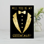 タキシード 私のグルームズマンになってくれる？ 本物の金 箔招待状 (立ち正面)