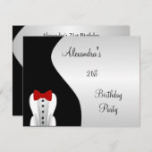 タキシード 赤いネクタイ 21歳の誕生日パーティー ブラック＆シルバー 招待状 (正面/裏面)