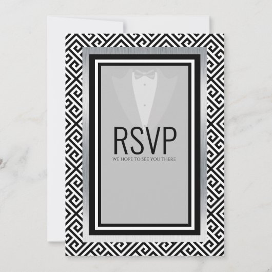 タキシード 黒、銀、白 返信お願いします 案内状 (正面)
