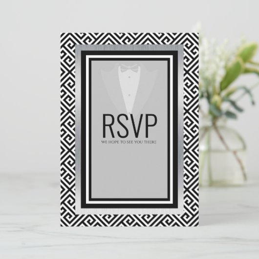 タキシード 黒、銀、白 返信お願いします 案内状 (スタンド正面)