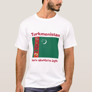 タキマンニスタンの旗 + 地図 + 文字のTシャツ Tシャツ