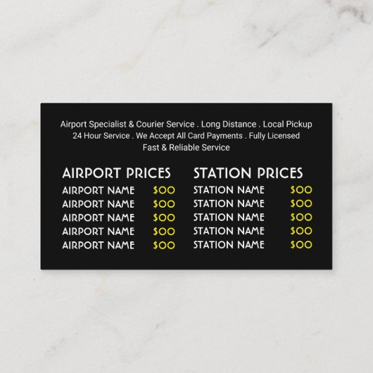 タクシーサイン、タクシータクシー会社、料金表 名刺 (裏面)