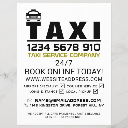 タクシー会社のロゴ、タクシーのタクシー会社（価格表付き） チラシ (正面)
