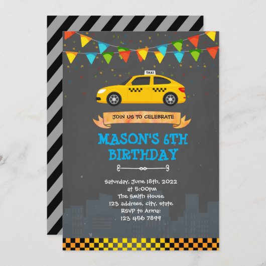 タクシー誕生日パーティーの招待状 招待状 (正面/裏面)