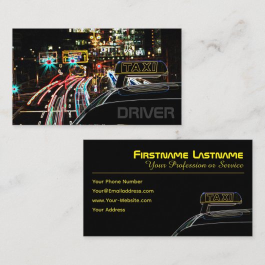 タクシー運転手タクシー運転手の市の通りライト夜 名刺 (正面/裏面)