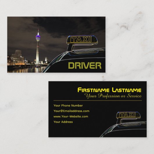 タクシー運転手タクシー運転手の市の通りライト夜 名刺 (正面/裏面)