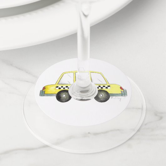 タクシー！ニューヨークシティ市松模様にNYCエロキャブ ワイングラスタグ (クローズアップ)