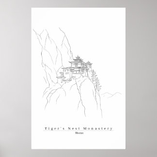 タクツァン寺院ブータン・ミニマリスト・ラインアート ポスター