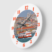タグス川の古いフェリーとリスボンのスカイライン ラージ壁時計 (傾斜)