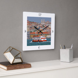 タグス川の古いフェリーとリスボンビュー スクエア壁時計