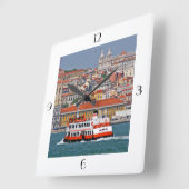 タグス川の古いフェリーとリスボンビュー スクエア壁時計 (傾斜)