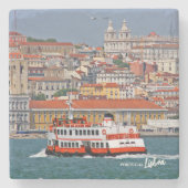 タグス川の古いフェリーとリスボンビュー ストーンコースター (正面)