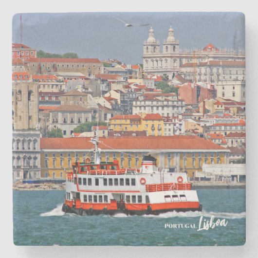 タグス川の古いフェリーとリスボンビュー ストーンコースター (正面)