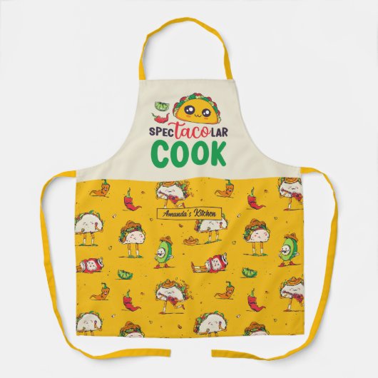 タコおもしろいプン眼鏡調理師メキシコ食の恋人 エプロン (正面)