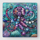 タコお洒落フローラティール(緑がかった色)パープルブルー沿岸 スクエア壁時計 (正面)