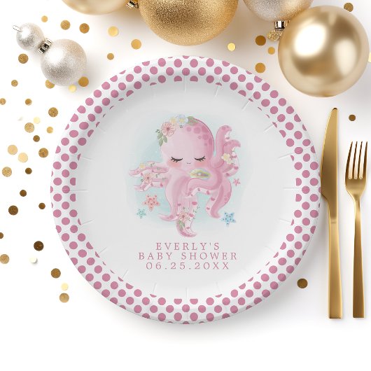 タコかわいいピンクの水色の女の子ベビーシャワー ペーパープレート