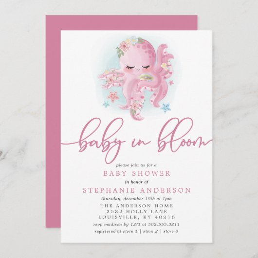 タコかわいいピンクベビーイン開花ベビーシャワー 招待状 (正面/裏面)