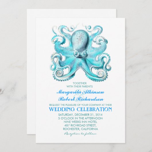 タコが付いている航海のなビーチ結婚式の招待 招待状 (正面/裏面)