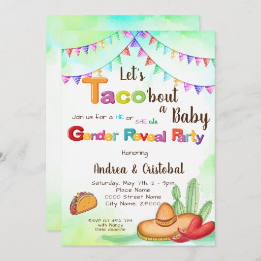 タコでベビーフィエスタテーマジェンダーの公開を見よう 招待状 (正面/裏面)