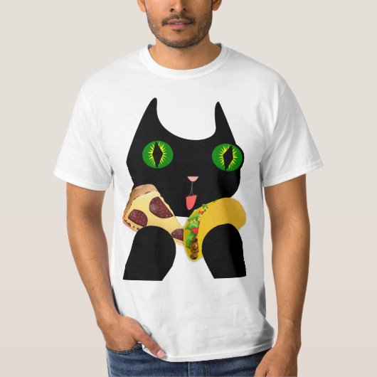 タコとピザのねこ 面白Tシャツ Tシャツ (正面)