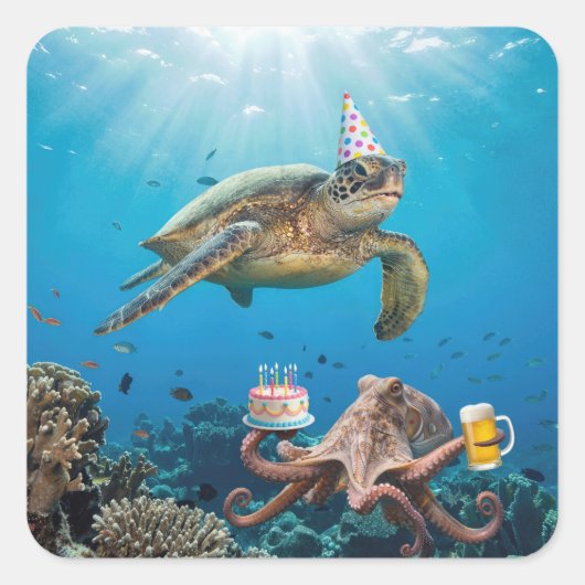 タコと一緒にカメの誕生日パーティー スクエアシール (正面)