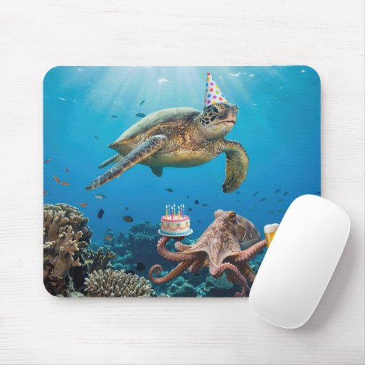 タコと一緒にカメの誕生日パーティー マウスパッド (マウス)