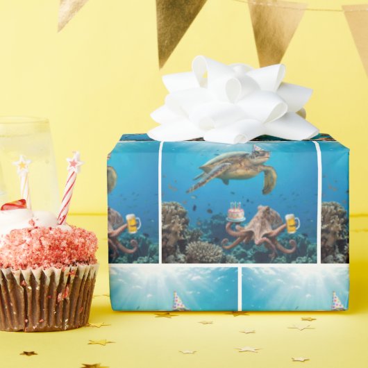 タコと一緒にカメの誕生日パーティー ラッピングペーパー (誕生日パーティー)
