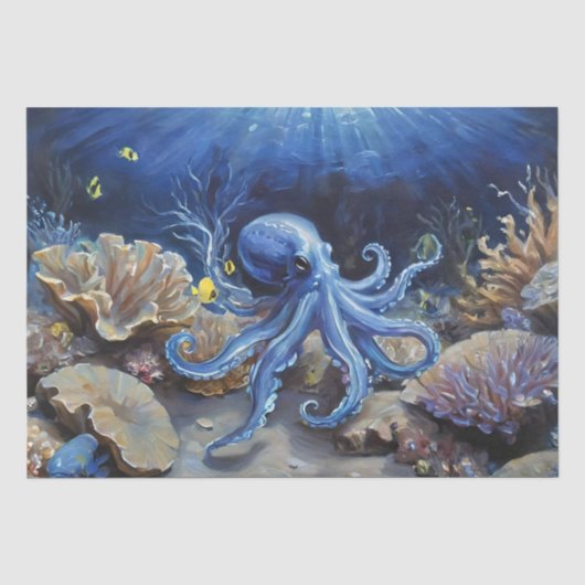 タコと魚のデコパージュの油絵 薄葉紙 (正面)