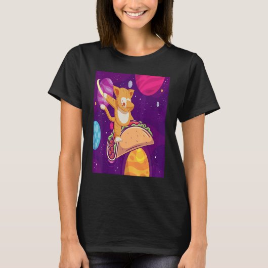 タコに乗る宇宙のDabbing Cat宇宙飛行士 Tシャツ (正面)