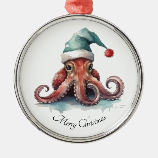 タコのクリスマスの喜カスタムび メタルオーナメント (正面)