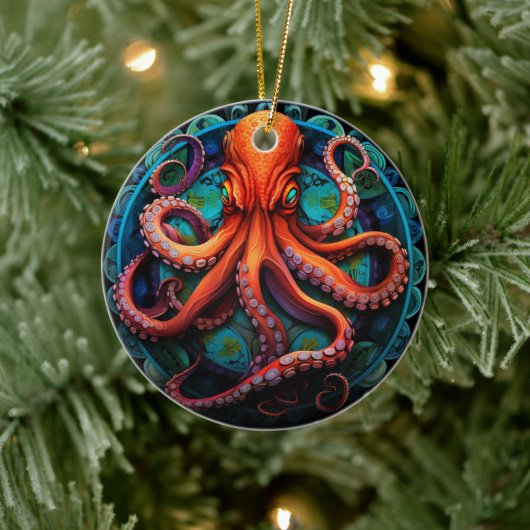 タコのステンドグラスの陶器の木飾り セラミックオーナメント (ツリー)