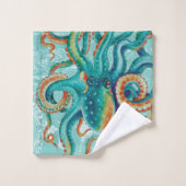 タコのティール（緑がかった色）のヴィンテージの地図の水彩画 バスタオルセット (ウォッシュタオル)