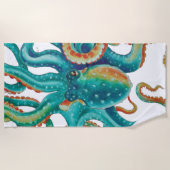 タコのティール（緑がかった色）の水彩画の芸術 ビーチタオル (正面)
