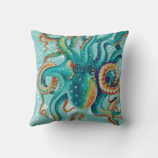 タコのティール(緑がかった色)ヴィンテージマップ水の色 クッション (裏面)