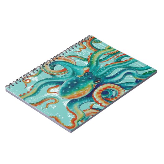 タコのティール（緑がかった色）ヴィンテージマップ水の色 ノートブック (左側)