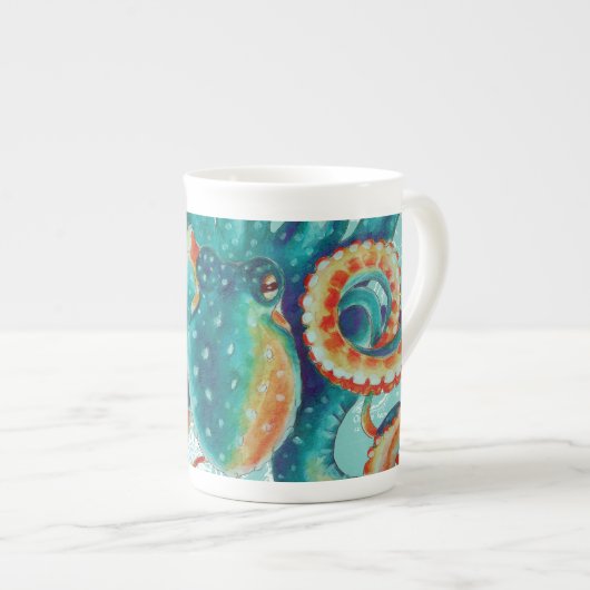 タコのティール(緑がかった色)ヴィンテージマップ水の色 ボーンチャイナマグカップ (正面右)