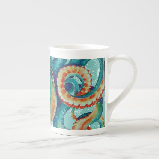 タコのティール(緑がかった色)ヴィンテージマップ水の色 ボーンチャイナマグカップ (右)