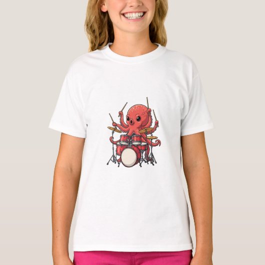 タコのドラマー、ドラム演奏 子供 Tシャツ (正面)