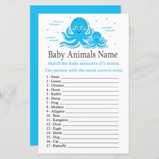 タコのベビー動物の名前ゲーム (正面/裏面)