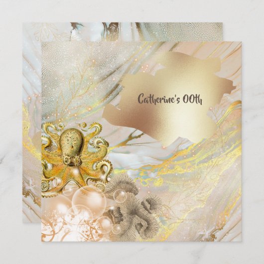 タコのモダン金ゴールドのフェイク海サン航海のゴ 招待状 (正面/裏面)