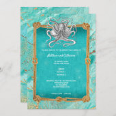 タコのロープフレーム 海洋 青 金の航海 招待状 (正面/裏面)