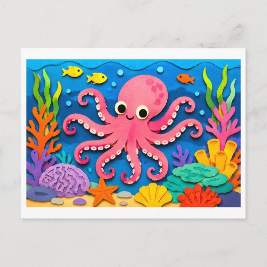 タコの切り絵コラージュ ポストカード (正面)
