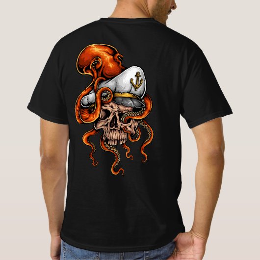 タコの攻撃キャプテンのドクロ 海のデザイン Tシャツ (裏面)