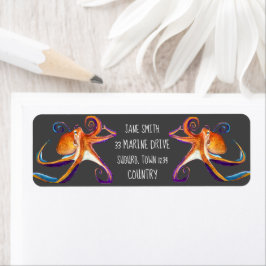 タコの海の水彩画アート ラベル