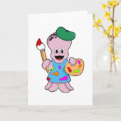 タコの画家 絵筆を持つ カード (黄色い花)