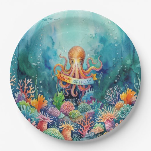 タコの誕生日 海の生物 水棲の魚 ペーパープレート (正面)